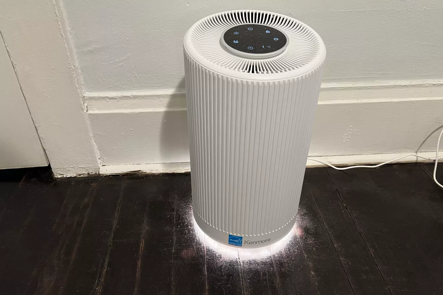 The Kenmore 850e Air Purifier with the light on